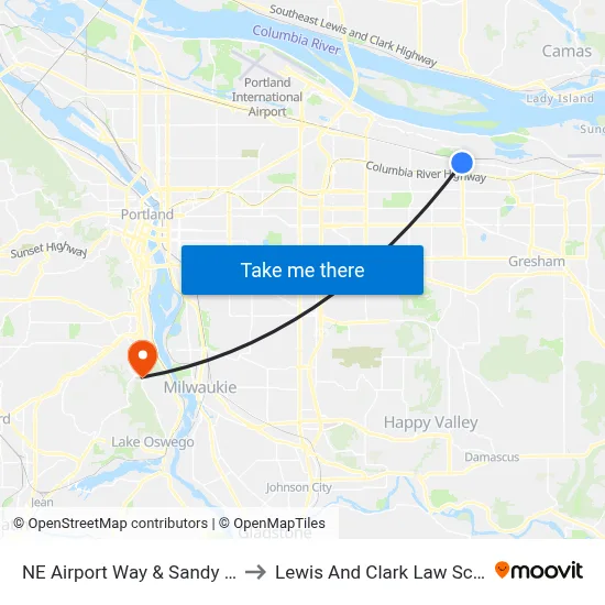 NE Airport Way & Sandy Blvd to Lewis And Clark Law School map