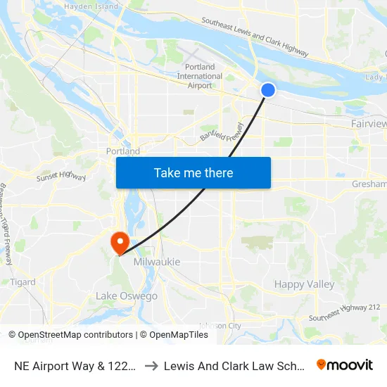 NE Airport Way & 122nd to Lewis And Clark Law School map