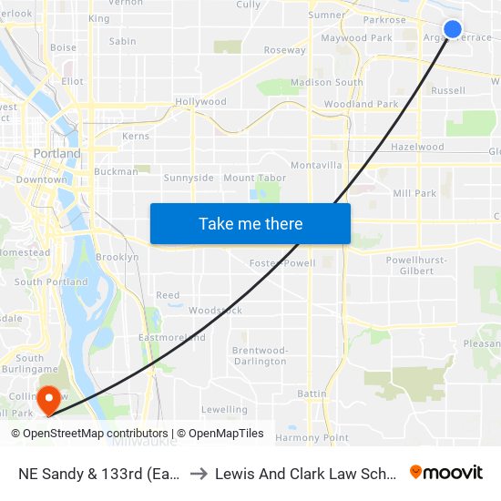 NE Sandy & 133rd (East) to Lewis And Clark Law School map