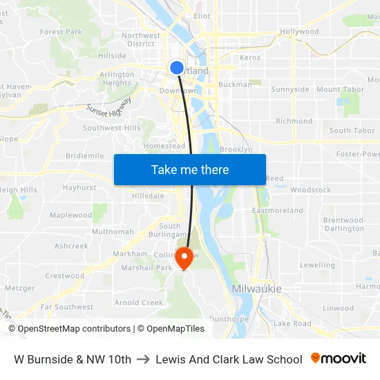 W Burnside & NW 10th to Lewis And Clark Law School map
