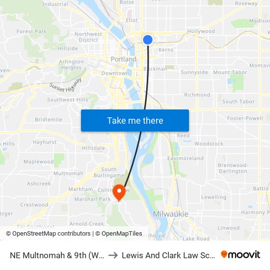 NE Multnomah & 9th (West) to Lewis And Clark Law School map