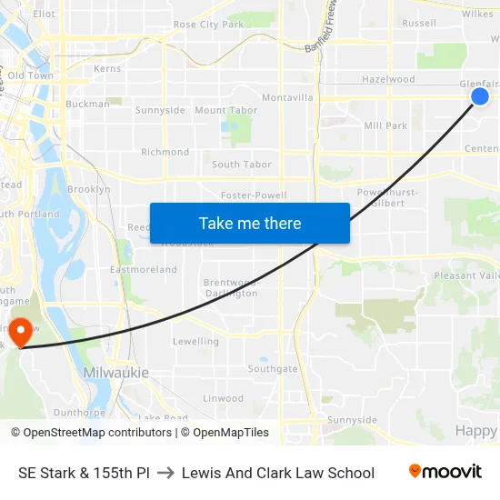 SE Stark & 155th Pl to Lewis And Clark Law School map