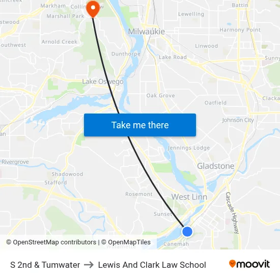 S 2nd & Tumwater to Lewis And Clark Law School map