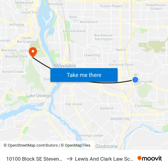 10100 Block SE Stevens Rd to Lewis And Clark Law School map
