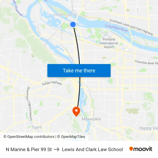N Marine & Pier 99 St to Lewis And Clark Law School map