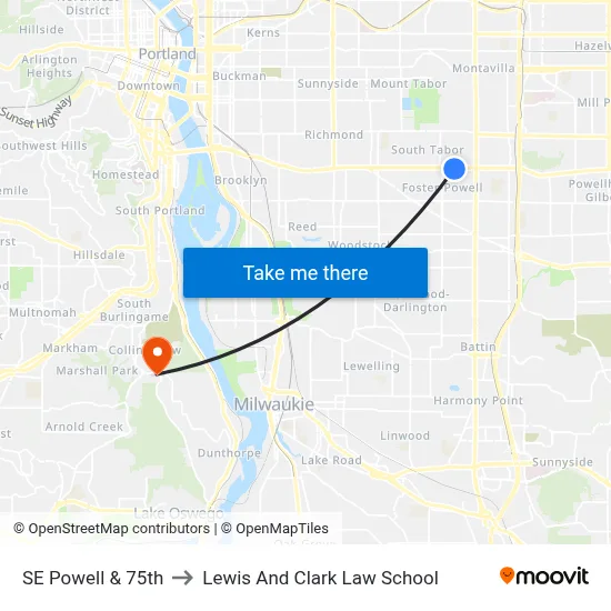 SE Powell & 75th to Lewis And Clark Law School map