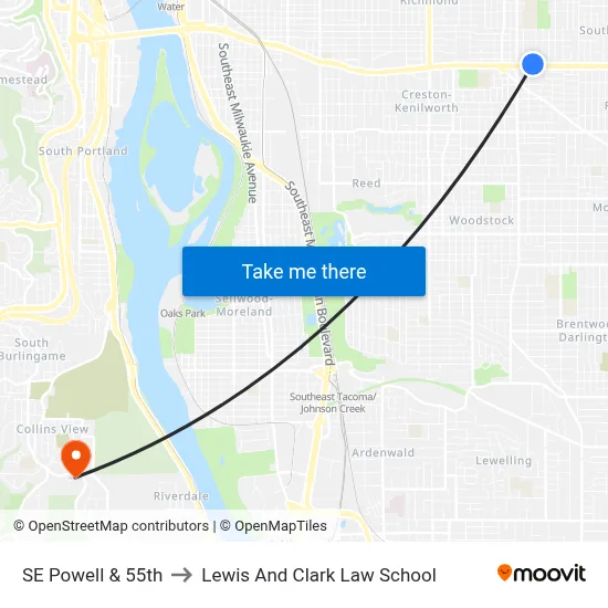 SE Powell & 55th to Lewis And Clark Law School map