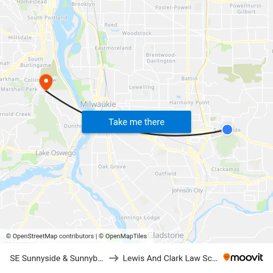 SE Sunnyside & Sunnybrook to Lewis And Clark Law School map
