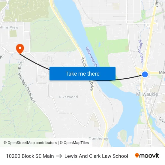 10200 Block SE Main to Lewis And Clark Law School map