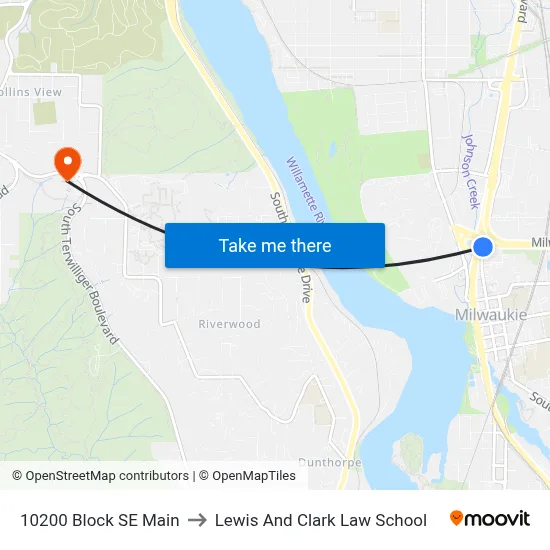 10200 Block SE Main to Lewis And Clark Law School map