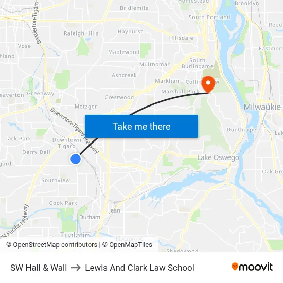 SW Hall & Wall to Lewis And Clark Law School map