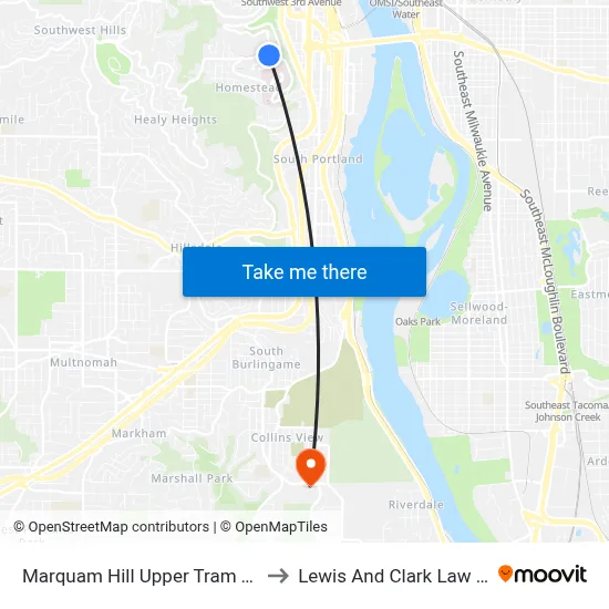 Marquam Hill Upper Tram Terminal to Lewis And Clark Law School map