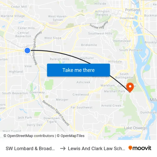 SW Lombard & Broadway to Lewis And Clark Law School map