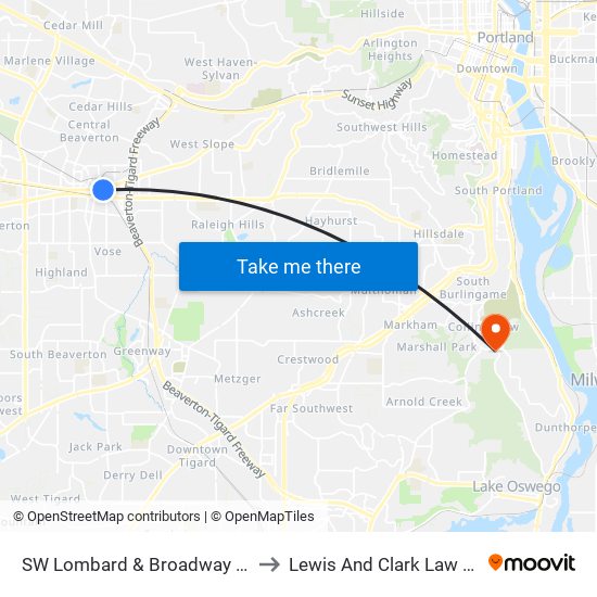 SW Lombard & Broadway (South) to Lewis And Clark Law School map