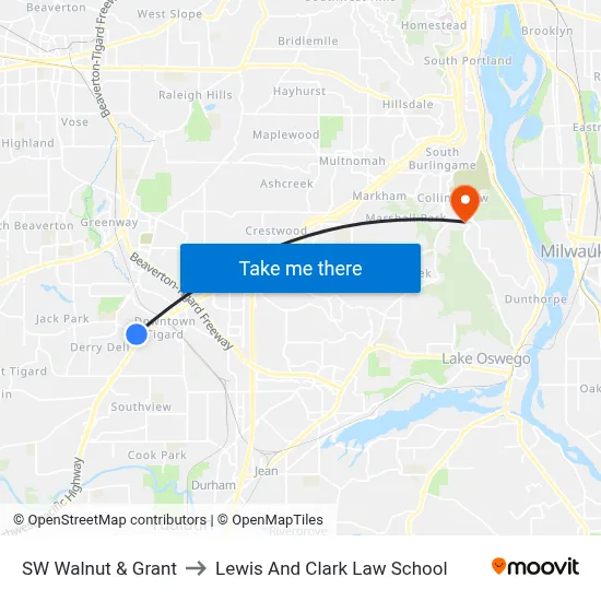 SW Walnut & Grant to Lewis And Clark Law School map