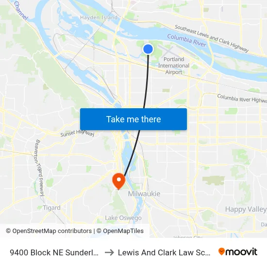 9400 Block NE Sunderland to Lewis And Clark Law School map