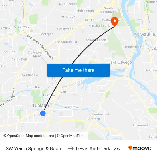 SW Warm Springs & Boones Ferry to Lewis And Clark Law School map