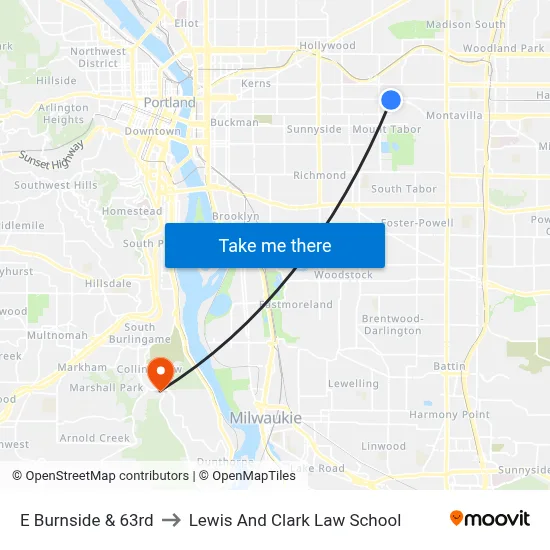 E Burnside & 63rd to Lewis And Clark Law School map