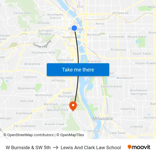 W Burnside & SW 5th to Lewis And Clark Law School map