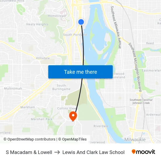 S Macadam & Lowell to Lewis And Clark Law School map