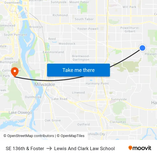 SE 136th & Foster to Lewis And Clark Law School map