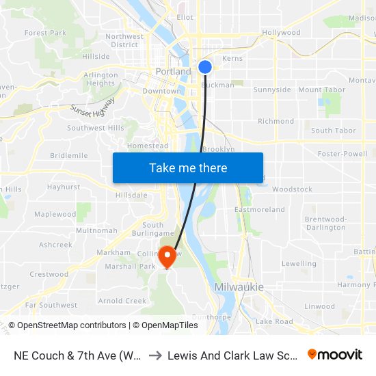 NE Couch & 7th Ave (West) to Lewis And Clark Law School map