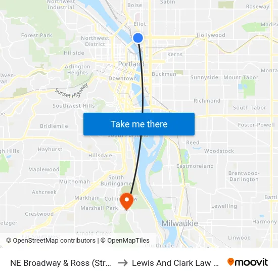 NE Broadway & Ross (Streetcar) to Lewis And Clark Law School map