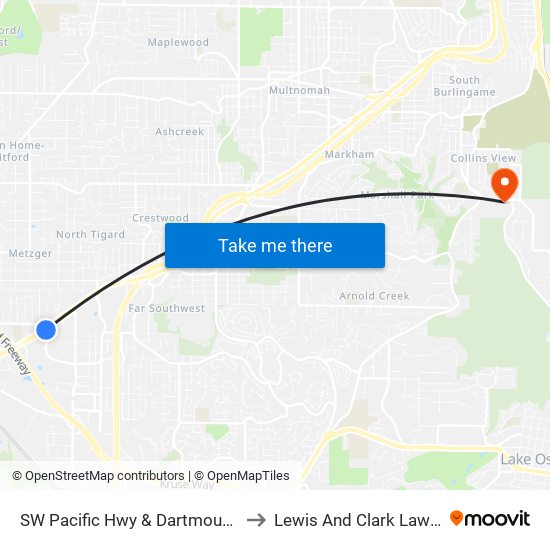 SW Pacific Hwy & Dartmouth (North) to Lewis And Clark Law School map