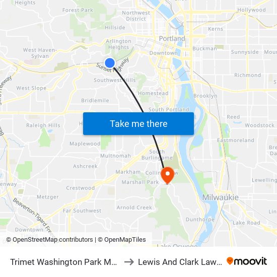 Trimet Washington Park Max Station to Lewis And Clark Law School map