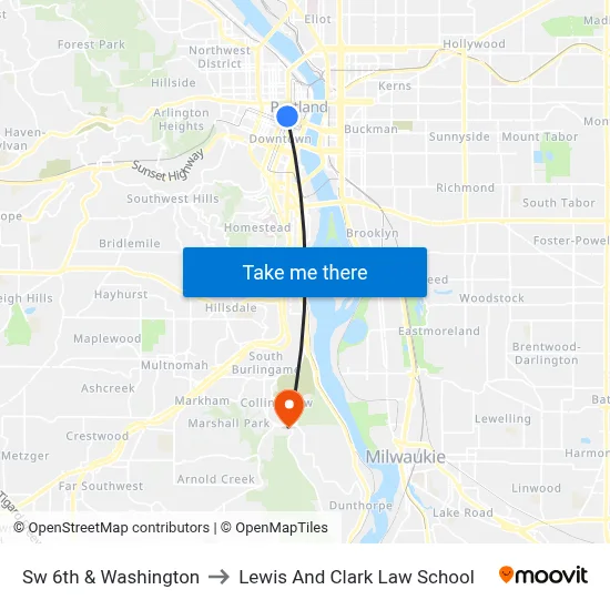 Sw 6th & Washington to Lewis And Clark Law School map