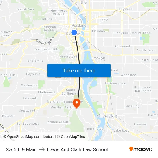 Sw 6th & Main to Lewis And Clark Law School map