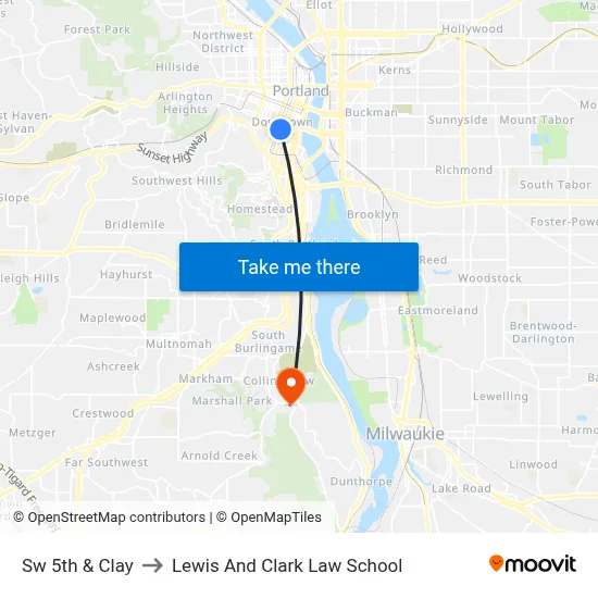 Sw 5th & Clay to Lewis And Clark Law School map