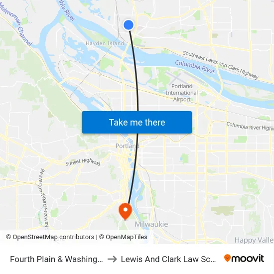 Fourth Plain & Washington to Lewis And Clark Law School map
