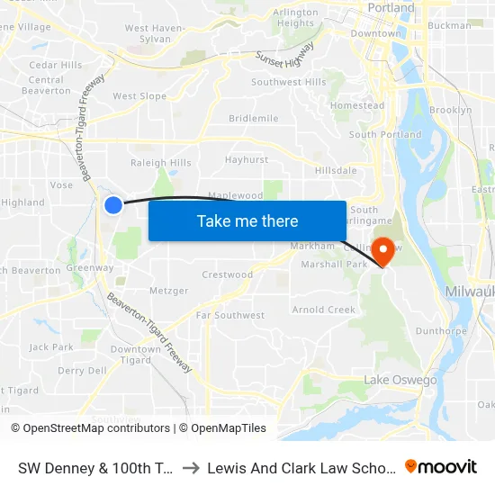 SW Denney & 100th Ter to Lewis And Clark Law School map