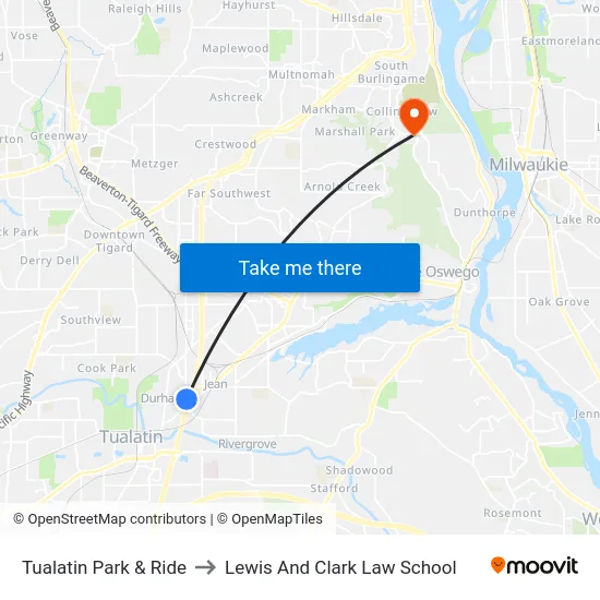 Tualatin Park & Ride to Lewis And Clark Law School map