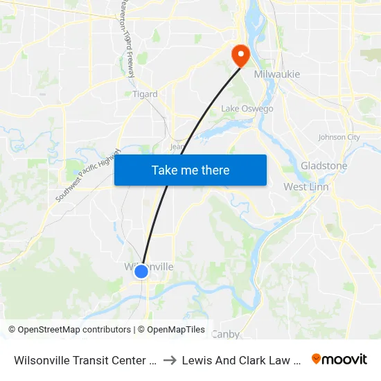 Wilsonville Transit Center Bay 10 to Lewis And Clark Law School map