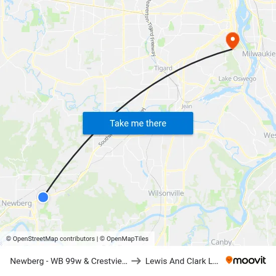 Newberg - WB 99w & Crestview/Providence to Lewis And Clark Law School map