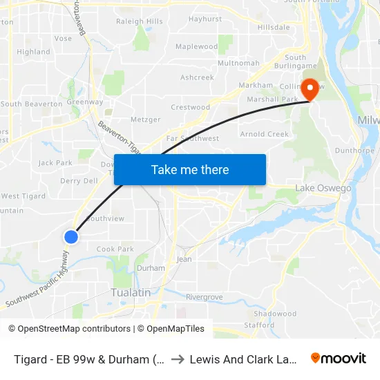 Tigard - EB 99w & Durham (Tm 8792) to Lewis And Clark Law School map