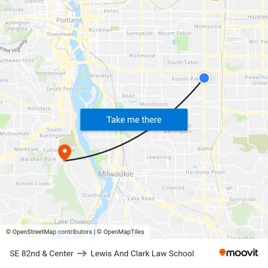 SE 82nd & Center to Lewis And Clark Law School map