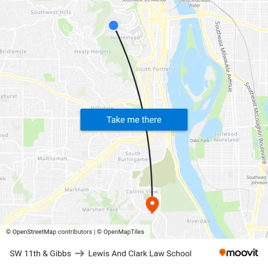 SW 11th & Gibbs to Lewis And Clark Law School map
