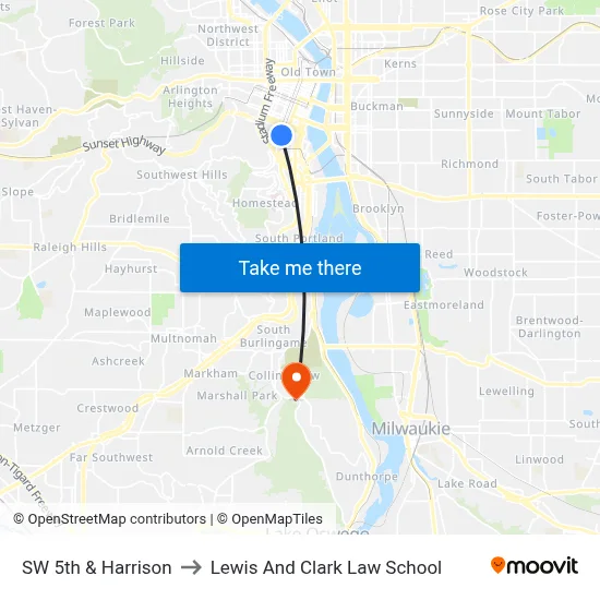 SW 5th & Harrison to Lewis And Clark Law School map