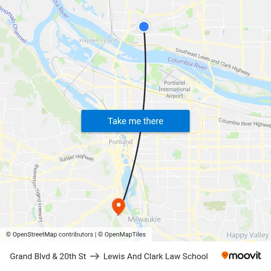 Grand Blvd & 20th St to Lewis And Clark Law School map