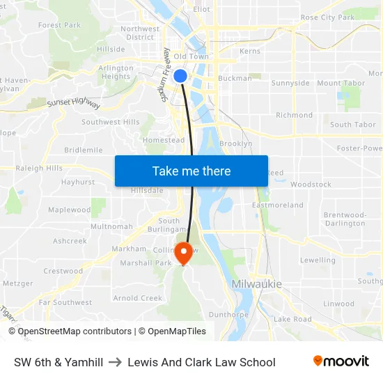 SW 6th & Yamhill to Lewis And Clark Law School map