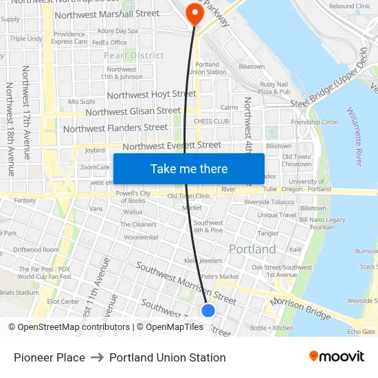 Pioneer Place to Portland Union Station map
