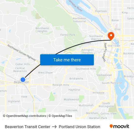 Beaverton Transit Center to Portland Union Station map