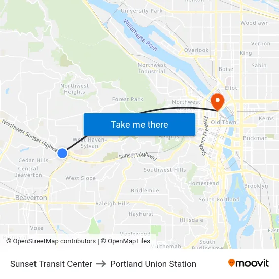 Sunset Transit Center to Portland Union Station map
