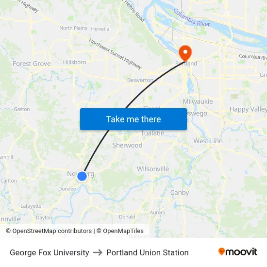 George Fox University to Portland Union Station map