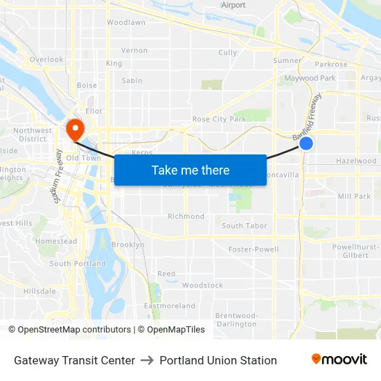 Gateway Transit Center to Portland Union Station map