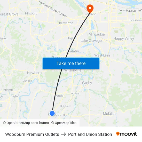 Woodburn Premium Outlets to Portland Union Station map