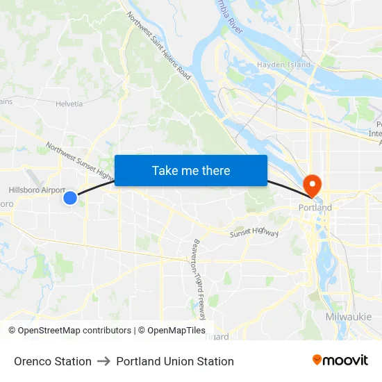 Orenco Station to Portland Union Station map